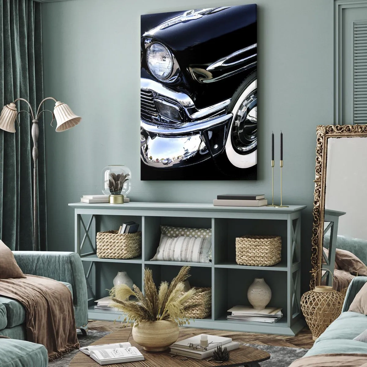 Bild auf Leinwand - Leinwandbild - Schwarzer Oldtimer, Nahaufnahme von Scheinwerfer und Kotflügel - 70x100cm - Klassiker in Silber, Schwarz und Weiß - Moderne Wanddekoration für Wohnzimmer und Schlafzimmer ARTTOR