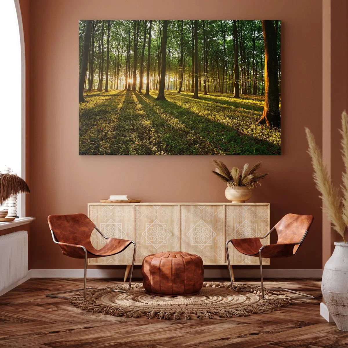 Bild auf Leinwand - Leinwandbild - Die untergehende Sonne im Laubwald - 120x80cm - Alle Frühlingsfotografie - Moderne Wanddekoration für Wohnzimmer und Schlafzimmer ARTTOR