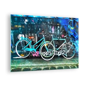 Glasbild - Bild auf glas - Ein Citybike vor Graffiti- und Neon-Atmosphäre - 70x50cm - Die Stadt ruft - Moderne Wanddekoration für Wohnzimmer und Schlafzimmer ARTTOR