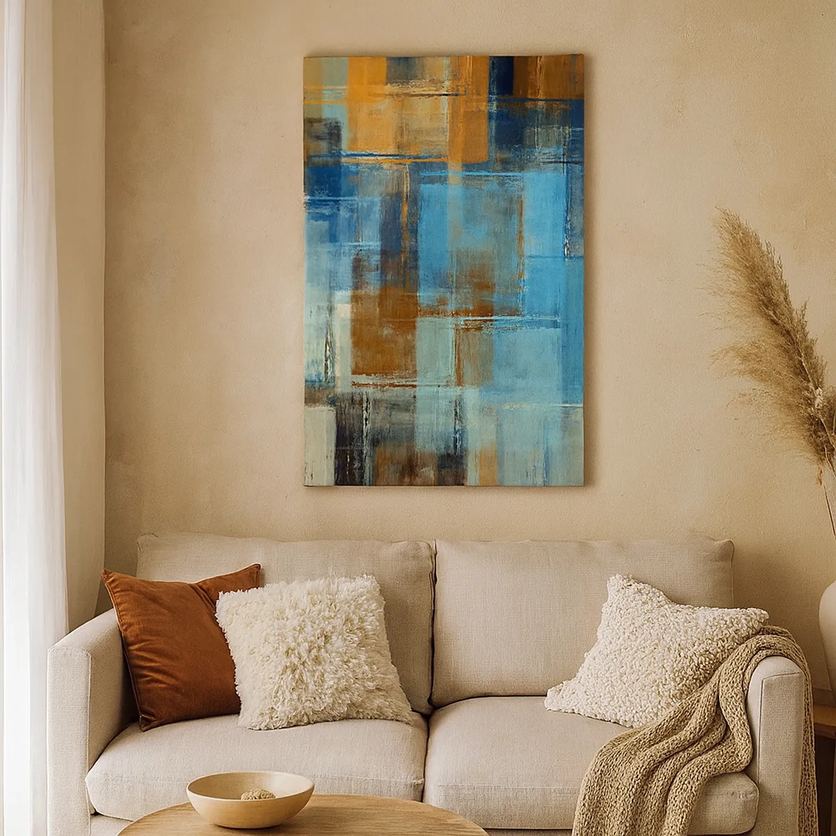 Bild auf Leinwand - Leinwandbild - Abstrakte geometrische Komposition in Blau- und Brauntönen - 50x70cm - Durch den blauen Schleier - Moderne Wanddekoration für Wohnzimmer und Schlafzimmer ARTTOR