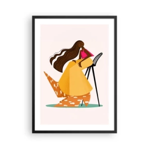 Poster in einem schwarzem Rahmen - Eine stilisierte weibliche Figur in warmen Farben vor abstraktem Hintergrund. - 50x70cm - Mode macht auch Spaß - Moderne Wanddekoration für Wohnzimmer und Schlafzimmer ARTTOR