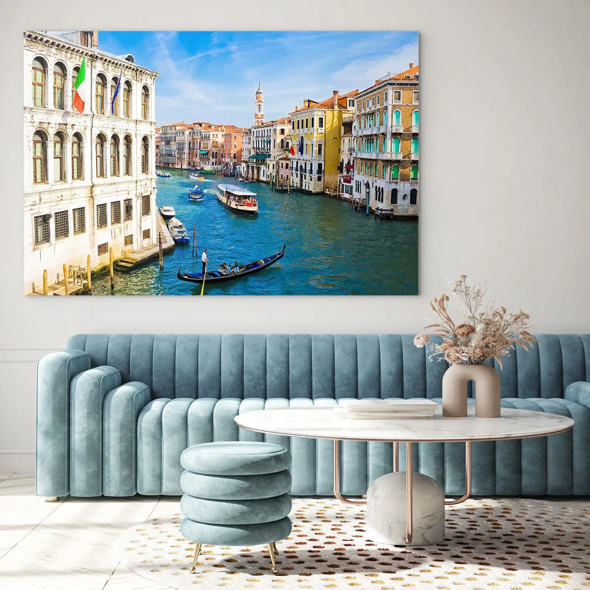 Glasbild - Bild auf glas - Ein Kanal in Venedig mit Gondeln und Booten auf dem Wasser - 70x50cm - Der einzigartige Verkehr der Welt - Moderne Wanddekoration für Wohnzimmer und Schlafzimmer ARTTOR