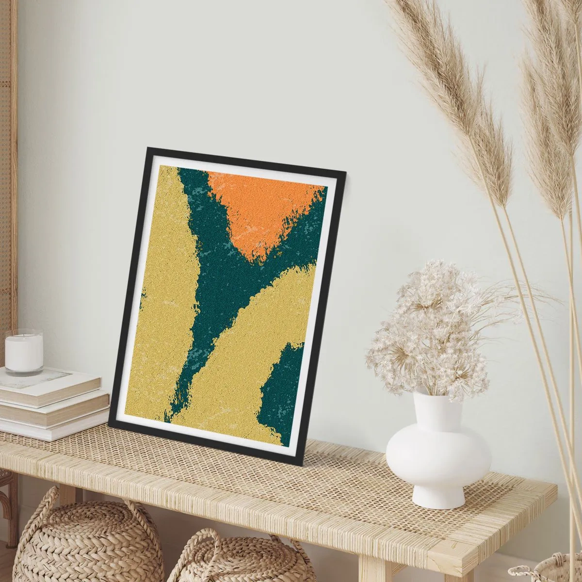 Poster in einem schwarzem Rahmen - Abstrakte Farbflecken in Grün- und Orangetönen - 50x70cm - Abstraktion – langsame Bewegung - Moderne Wanddekoration für Wohnzimmer und Schlafzimmer ARTTOR
