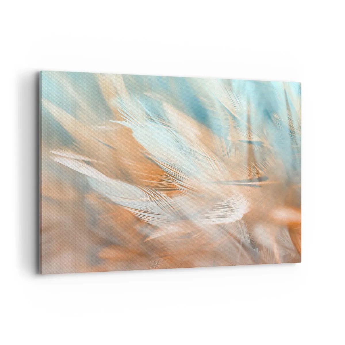 Bild auf Leinwand - Leinwandbild - Zarte Federn in Pastelltönen von Blau und Orange - 100x70cm - Im Land der Sanftmut - Moderne Wanddekoration für Wohnzimmer und Schlafzimmer ARTTOR