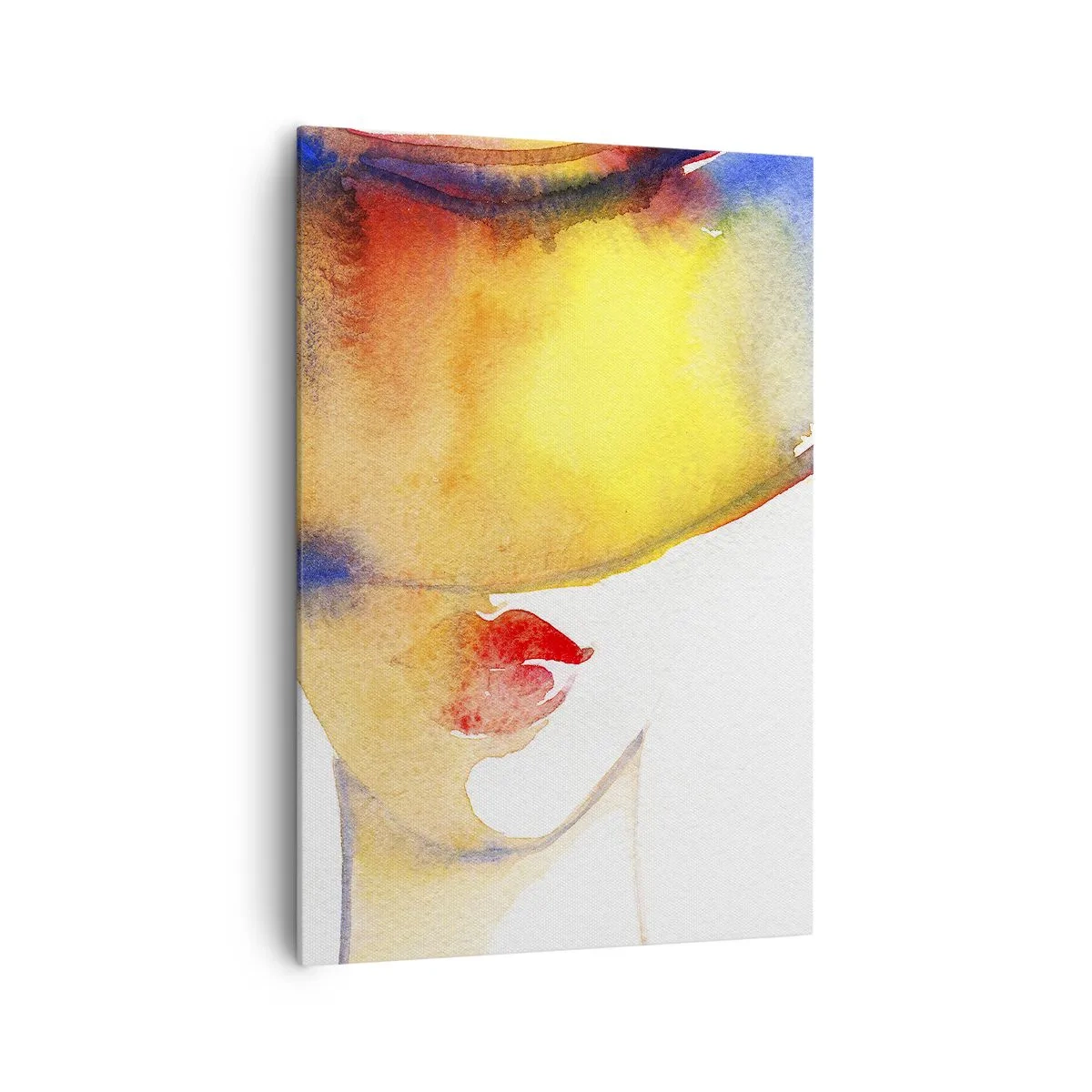 Bild auf Leinwand - Leinwandbild - Ein minimalistisches Aquarellgemälde des Profils einer Frau mit einem bunten Hut. - 70x100cm - Bildnis einer Dame - Moderne Wanddekoration für Wohnzimmer und Schlafzimmer ARTTOR