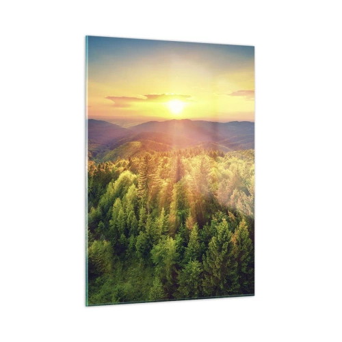 Glasbild - Bild auf glas - Sonnenuntergang über einem Bergwald mit Blick auf die Täler - 50x70cm - Scheitelpunkte und Spitzen - Moderne Wanddekoration für Wohnzimmer und Schlafzimmer ARTTOR