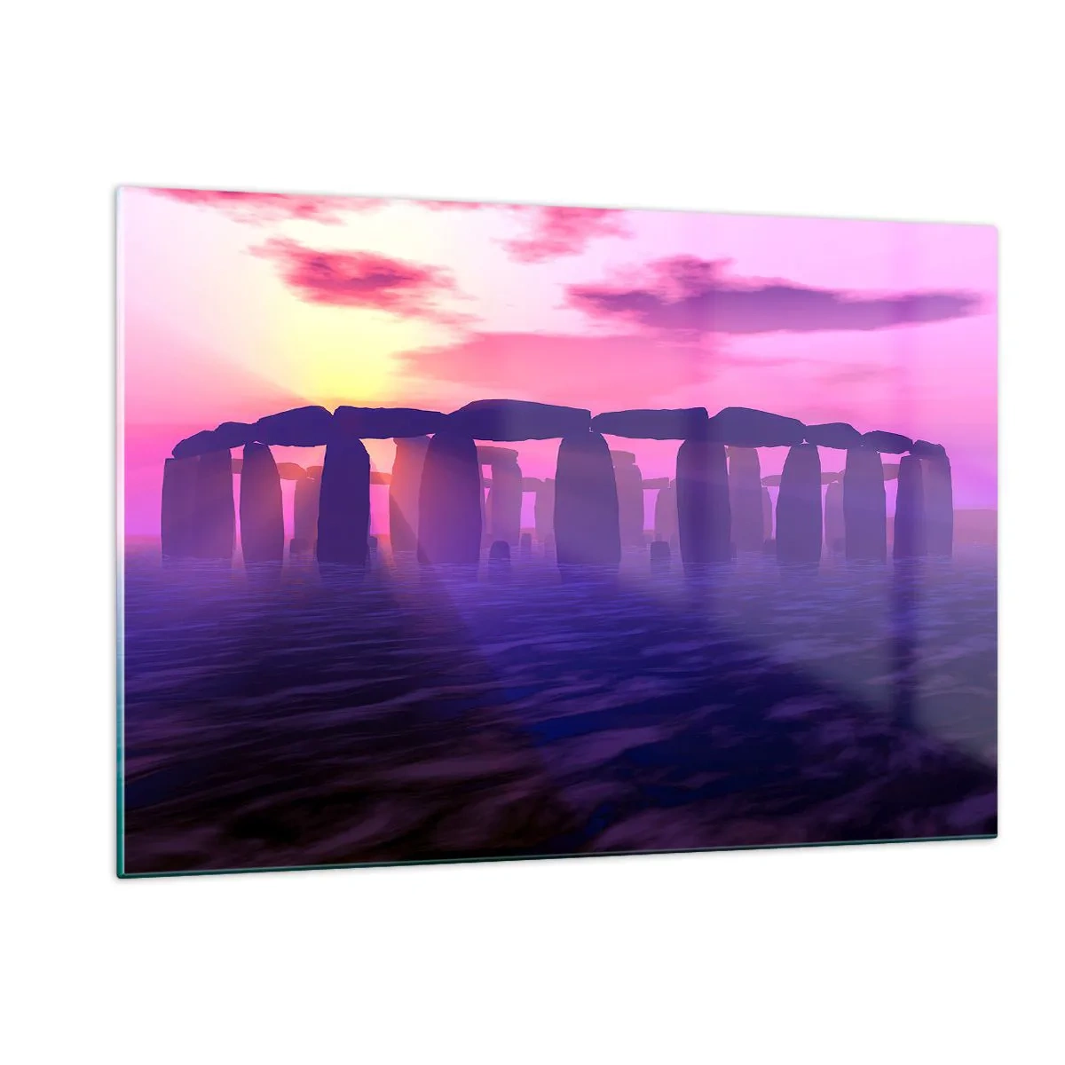 Glasbild - Bild auf glas - Stonehenge im Licht eines rosa Sonnenuntergangs - 120x80cm - Geheimnis im Morgengrauen im Nebel - Moderne Wanddekoration für Wohnzimmer und Schlafzimmer ARTTOR