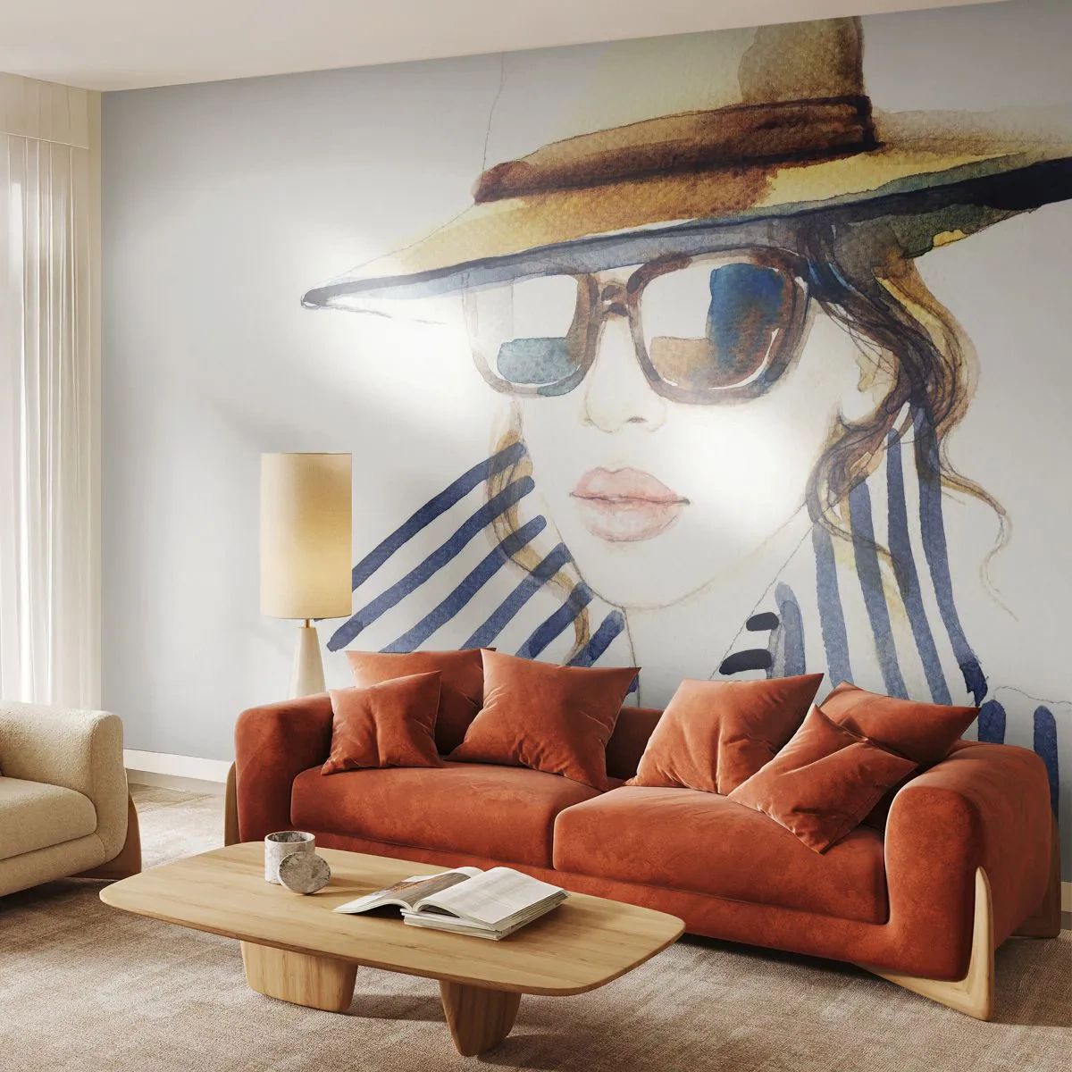 Fototapete Premium Sand - Aquarellporträt einer eleganten Frau mit Hut - 100x70cm - Florida heißt Sie willkommen! - Moderne Wanddekoration für Wohnzimmer und Schlafzimmer ARTTOR