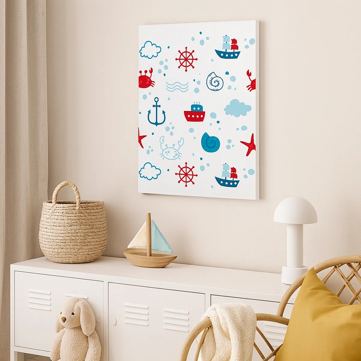 Bild auf Leinwand - Leinwandbild - Nautisches Muster mit Ankern, Schiffen und Krabben - 50x70cm - Märchen vom Meer - Moderne Wanddekoration für Wohnzimmer und Schlafzimmer ARTTOR