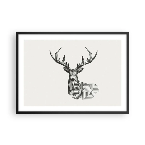 Poster in einem schwarzem Rahmen - Geometrisches Bild eines Hirsches im minimalistischen Schwarz-Weiß-Stil - 70x50cm - Ein Hirsch im kubistischen Stil - Moderne Wanddekoration für Wohnzimmer und Schlafzimmer ARTTOR