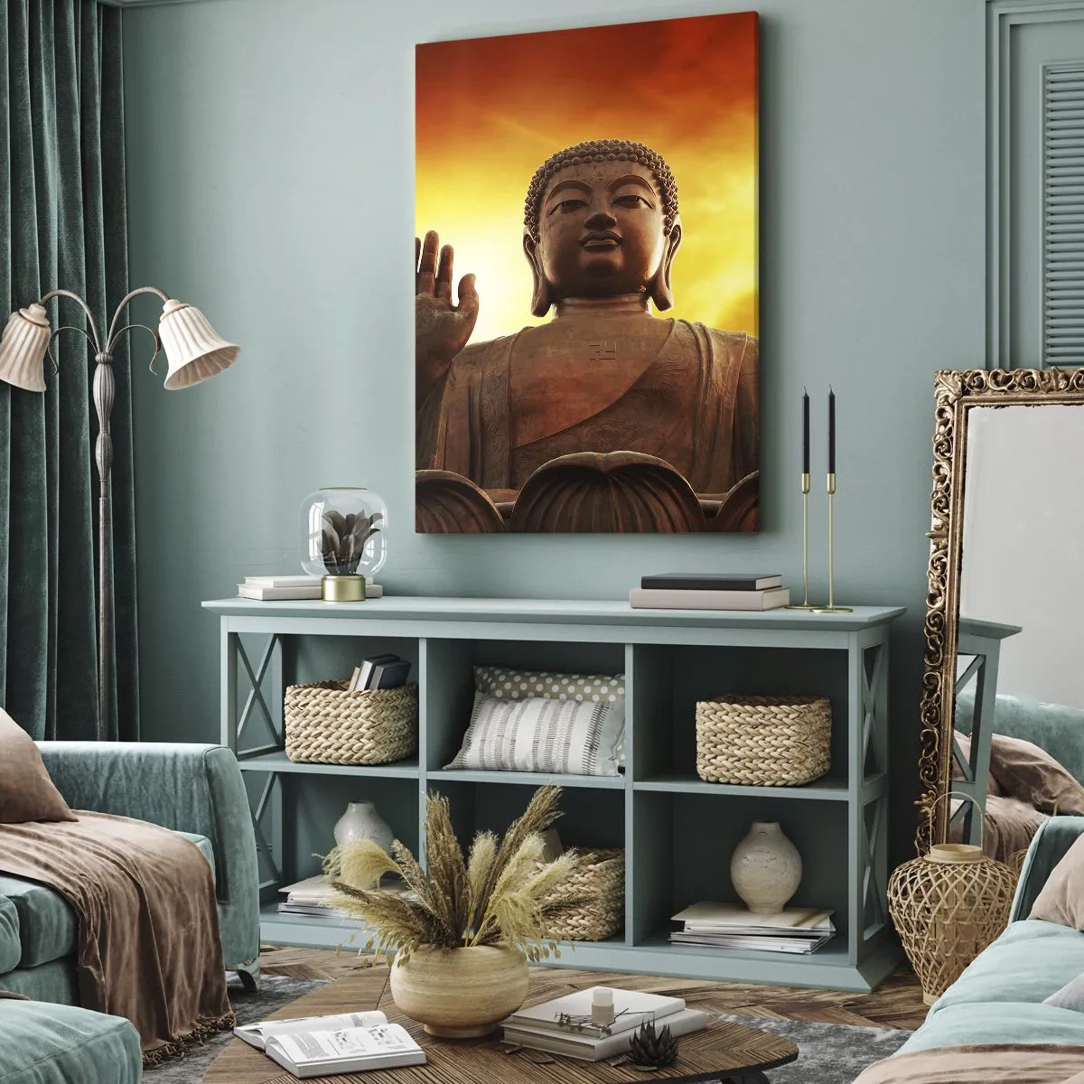 Bild auf Leinwand - Leinwandbild - Eine Buddha-Statue vor einem goldenen Sonnenuntergangshimmel - 50x70cm - Frieden der Welt - Moderne Wanddekoration für Wohnzimmer und Schlafzimmer ARTTOR