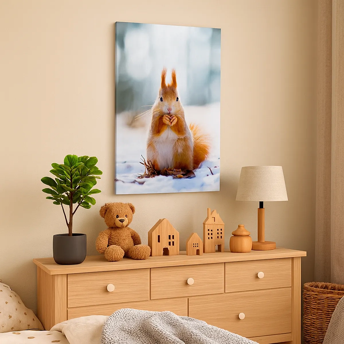 Bild auf Leinwand - Leinwandbild - Ein Eichhörnchen in einer Winterlandschaft - 50x70cm - Wo schaust du hin? - Moderne Wanddekoration für Wohnzimmer und Schlafzimmer ARTTOR