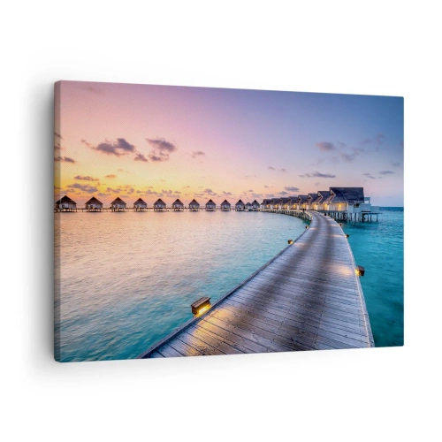 Bild auf Leinwand - Leinwandbild - Der Pier, der bei Sonnenuntergang zu den Cottages am Wasser führt - 70x50cm - Urlaub - zurück zu den Quellen - Moderne Wanddekoration für Wohnzimmer und Schlafzimmer ARTTOR