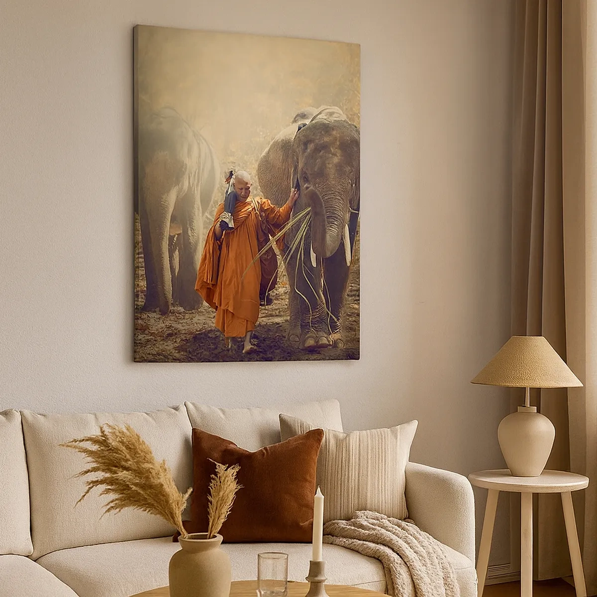 Bild auf Leinwand - Leinwandbild - Ein Mönch in einer orangefarbenen Robe führt einen Elefanten durch den Wald. - 50x70cm - Volles Verständnis - Moderne Wanddekoration für Wohnzimmer und Schlafzimmer ARTTOR