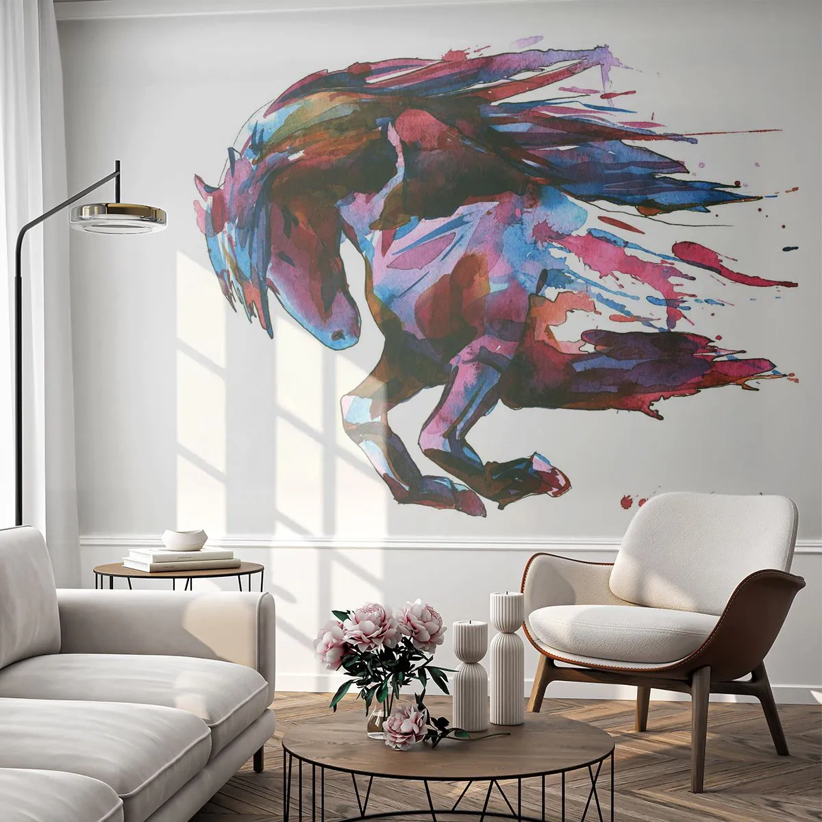 Fototapete Premium Sand - Ein dynamisches Pferd im abstrakten Aquarellstil - 100x70cm - In Verzückung - Moderne Wanddekoration für Wohnzimmer und Schlafzimmer ARTTOR