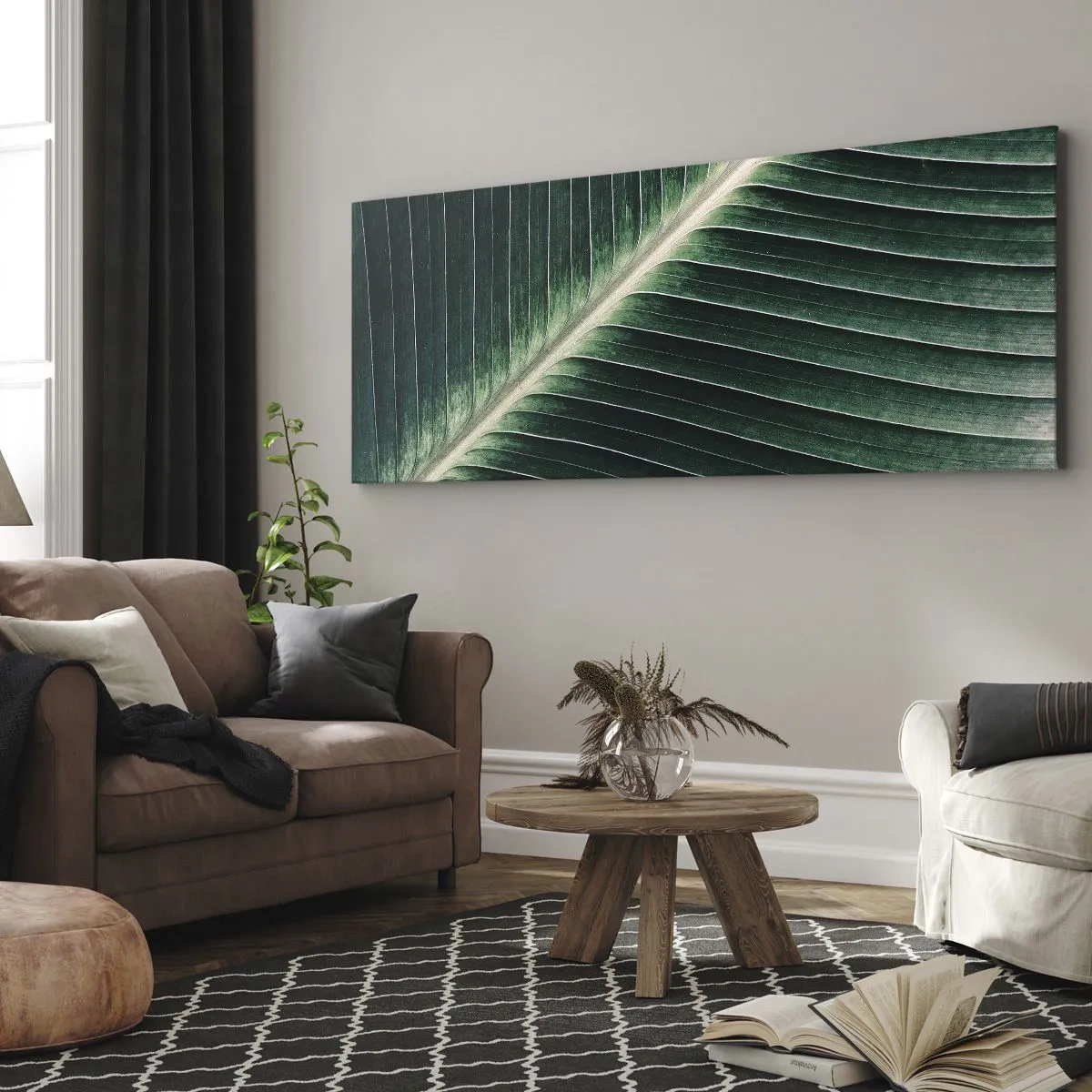 Bild auf Leinwand - Leinwandbild - Nahaufnahme der Struktur eines grünen Blattes - 120x50cm - Rhythmus der Natur - Moderne Wanddekoration für Wohnzimmer und Schlafzimmer ARTTOR