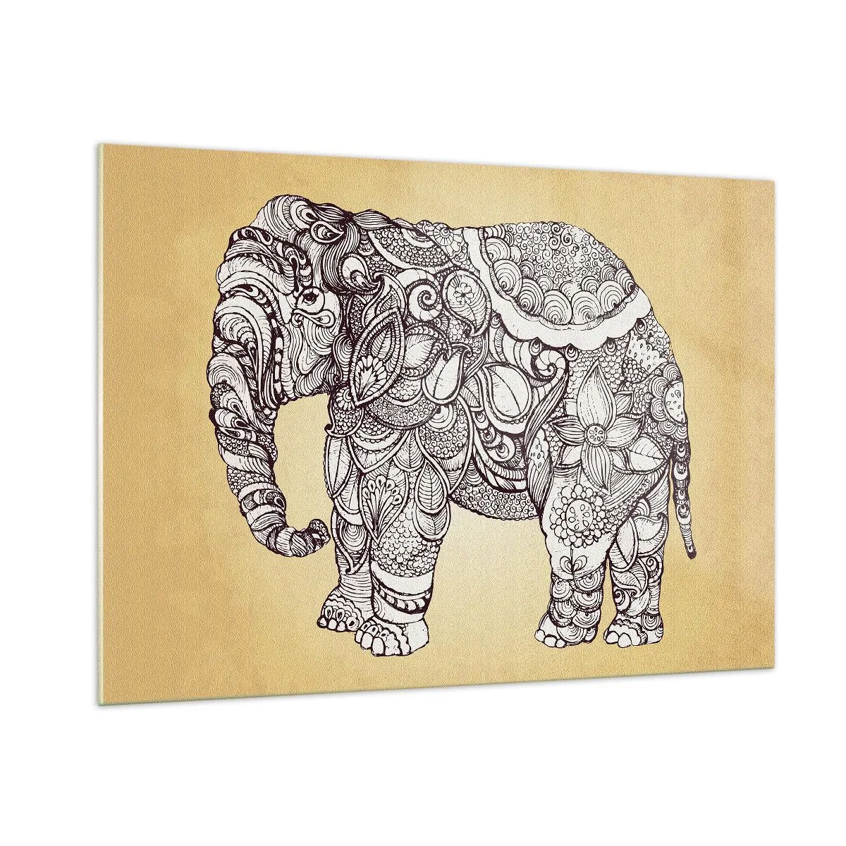 Glasbild - Bild auf glas - Schwarz-weißer Elefant mit orientalischen Mustern auf beigem Hintergrund - 100x70cm - Elefant verhüllte sich - Moderne Wanddekoration für Wohnzimmer und Schlafzimmer ARTTOR