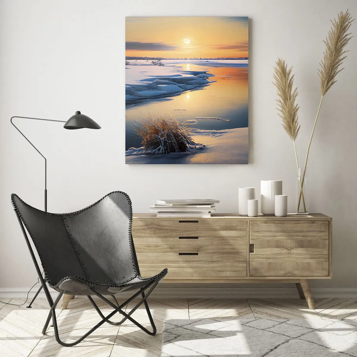 Glasbild - Bild auf glas - Winterlandschaft mit Sonnenuntergang über einem zugefrorenen Fluss - 50x70cm - Wintersonnenuntergang - Moderne Wanddekoration für Wohnzimmer und Schlafzimmer ARTTOR