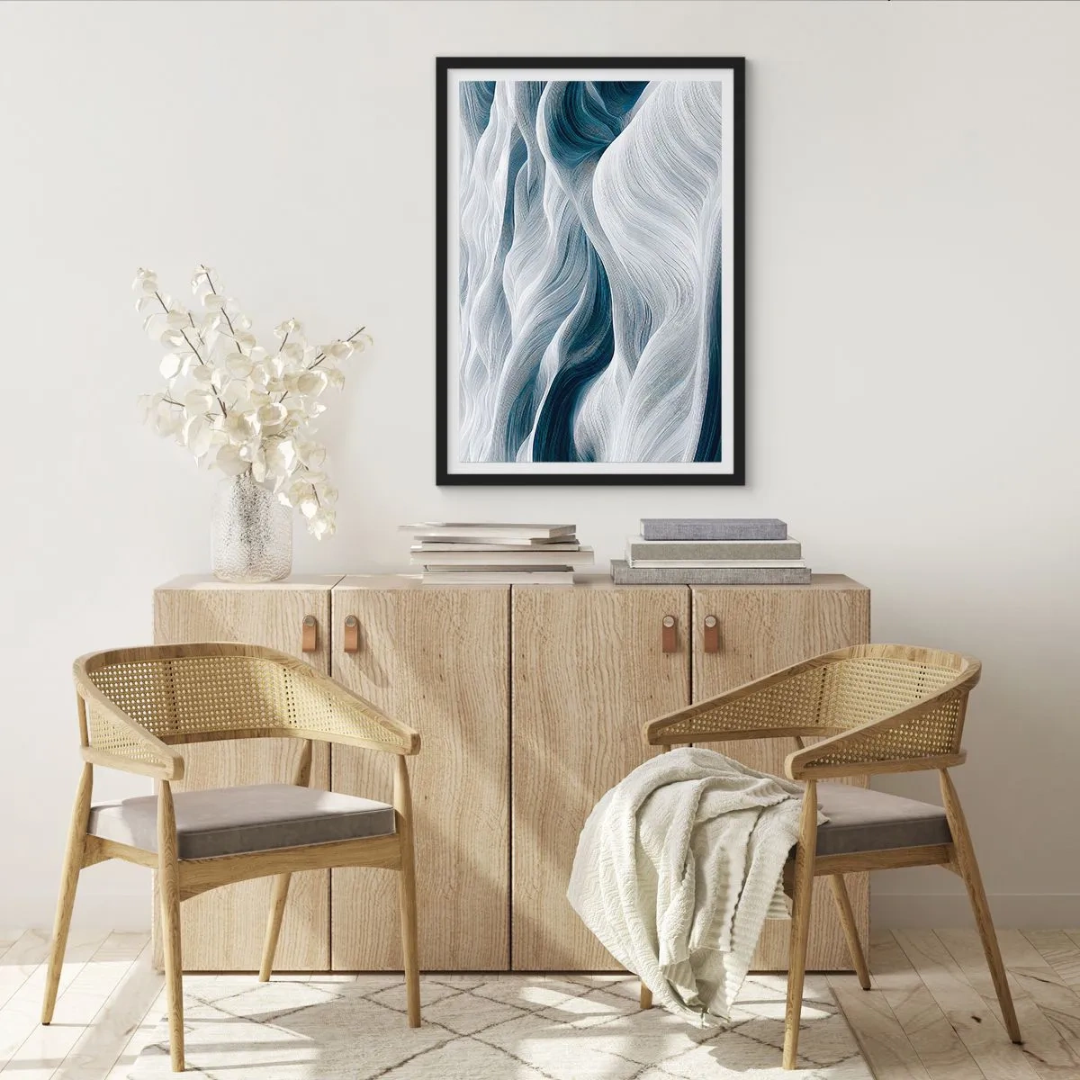 Poster in einem schwarzem Rahmen - Abstrakte Wellen in Weiß- und Marineblautönen - 50x70cm - Weiße und blaue Wellen - Moderne Wanddekoration für Wohnzimmer und Schlafzimmer ARTTOR