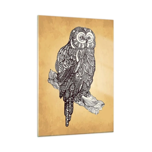Glasbild - Bild auf glas - Ornamentale Eule auf Sepia-Hintergrund - 50x70cm - Kunstvolle Ornamente der Weisheit - Moderne Wanddekoration für Wohnzimmer und Schlafzimmer ARTTOR