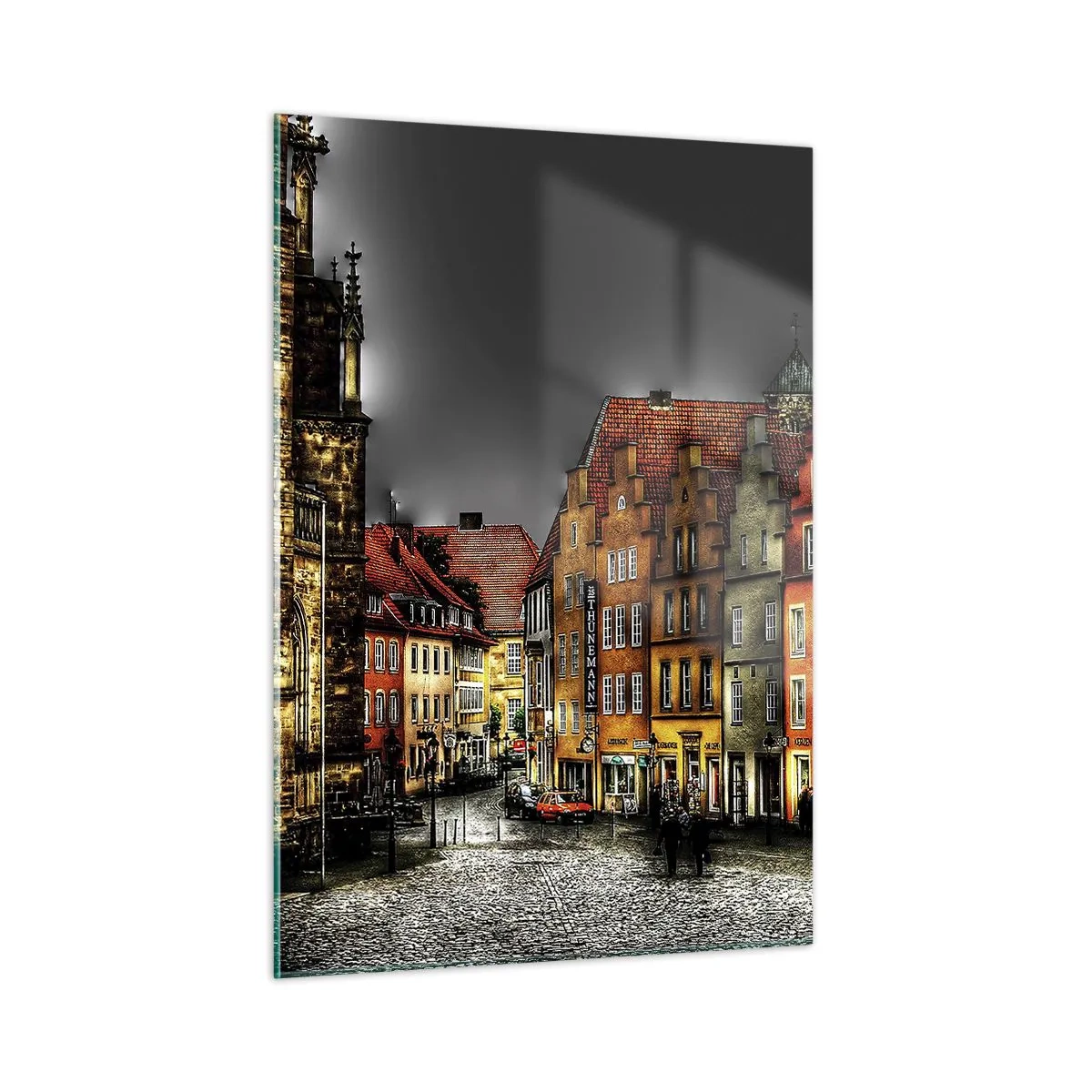 Glasbild - Bild auf glas - Bunte Mietshäuser vor dem Hintergrund eines bewölkten Himmels - 50x70cm - Es fehlt nur noch ein verzaubertes Taxi - Moderne Wanddekoration für Wohnzimmer und Schlafzimmer ARTTOR
