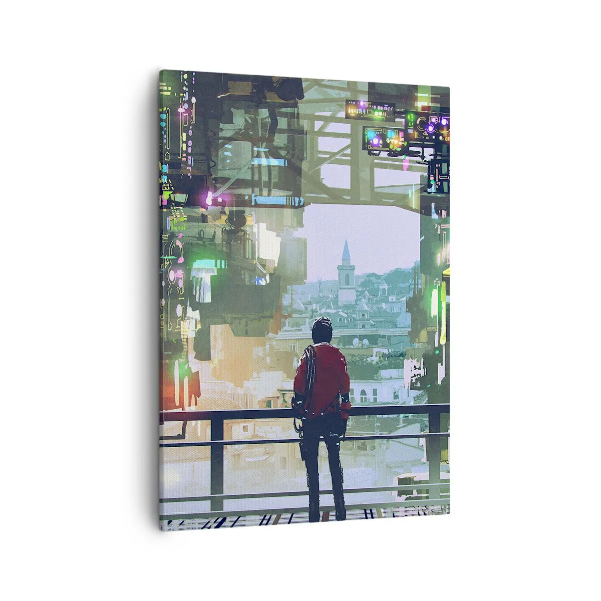 Bild auf Leinwand - Leinwandbild - Eine Figur in einer futuristischen Stadt mit Neonlichtern - 50x70cm - Zwei Welten - Moderne Wanddekoration für Wohnzimmer und Schlafzimmer ARTTOR