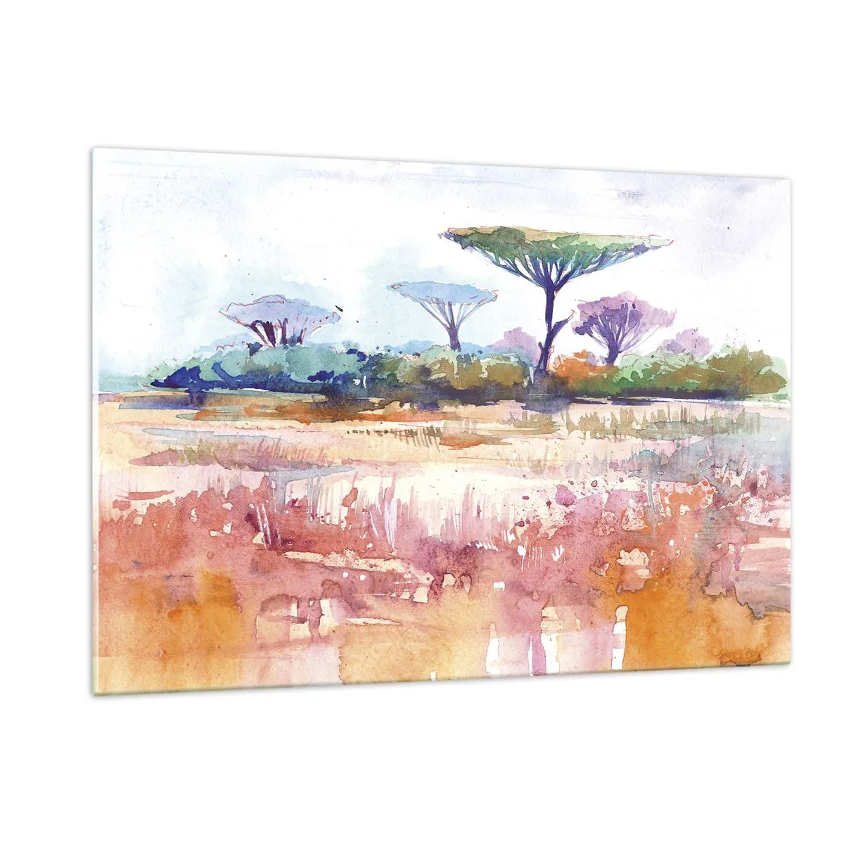 Glasbild - Bild auf glas - Aquarell Savannenlandschaft mit Bäumen und Vegetation - 120x80cm - Savannah-Farben - Moderne Wanddekoration für Wohnzimmer und Schlafzimmer ARTTOR
