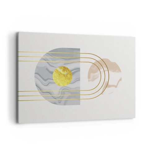 Bild auf Leinwand - Leinwandbild - Abstrakte Komposition mit Kreisen und goldenen Linien auf hellem Hintergrund. - 100x70cm - Helligkeit und Brillanz - Moderne Wanddekoration für Wohnzimmer und Schlafzimmer ARTTOR