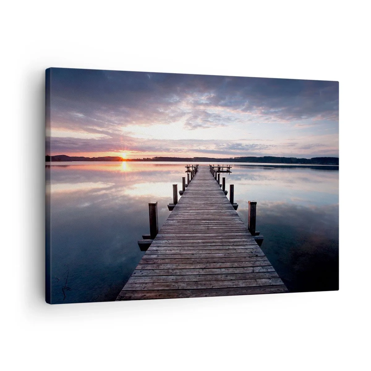 Bild auf Leinwand - Leinwandbild - Ein Pier an einem See bei Sonnenuntergang in einer friedlichen Landschaft - 70x50cm - Eine stille Grenze zwischen Tag und Nacht - Moderne Wanddekoration für Wohnzimmer und Schlafzimmer ARTTOR