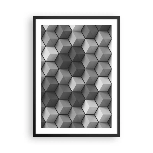 Poster in einem schwarzem Rahmen - Schwarz-Weiß-Komposition aus geometrischen 3D-Würfeln - 50x70cm - Kubistisches Puzzle - Moderne Wanddekoration für Wohnzimmer und Schlafzimmer ARTTOR