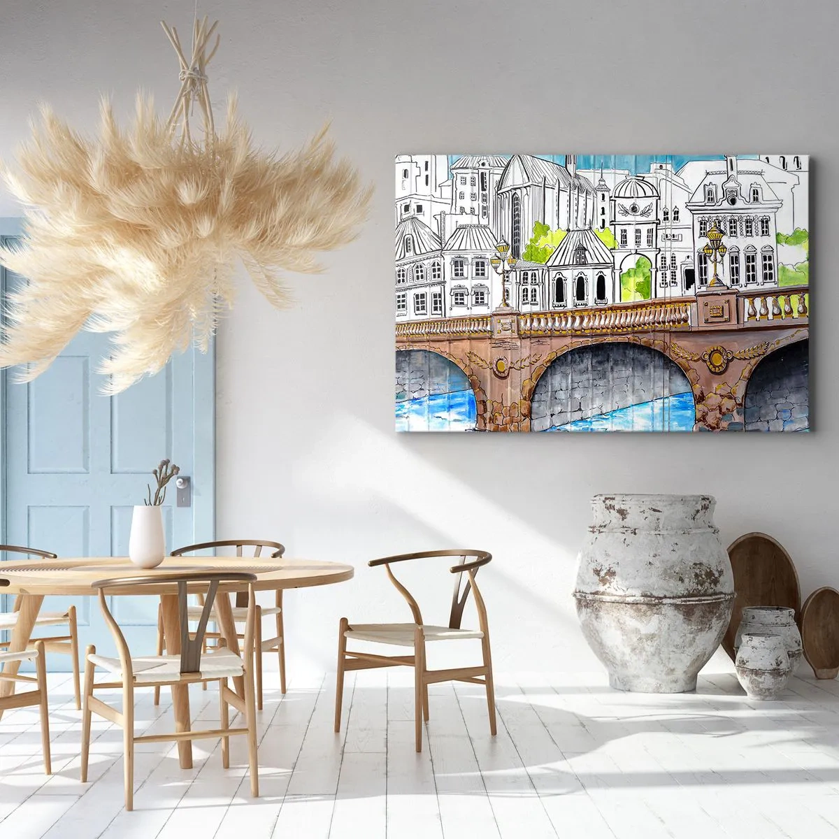 Bild auf Leinwand - Leinwandbild - Zeichnung der Brücke und historische Stadtarchitektur - 120x80cm - Die Stadt ist gemalt - Moderne Wanddekoration für Wohnzimmer und Schlafzimmer ARTTOR
