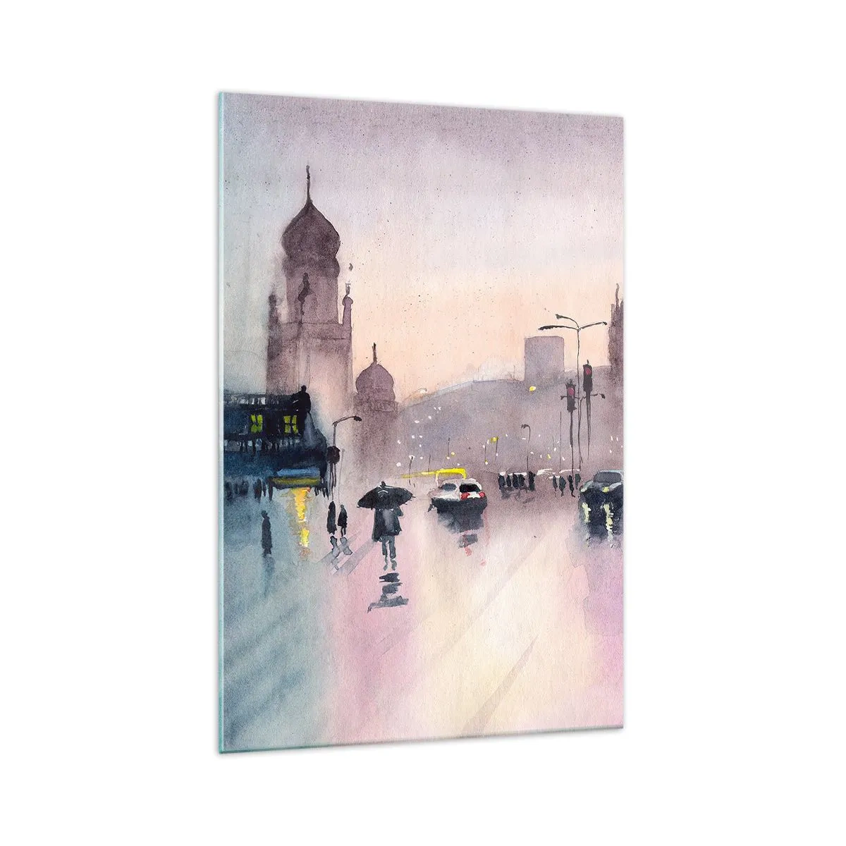 Glasbild - Bild auf glas - Eine Stadtstraße in der Abenddämmerung im Aquarellstil - 70x100cm - Im regnerischen Dunst - Moderne Wanddekoration für Wohnzimmer und Schlafzimmer ARTTOR