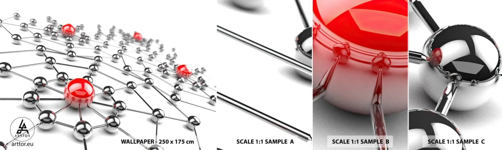 Fototapetenmuster Standard Eco - Silbriges Netz - Abstraktion, Metallkugeln, 3D - 100x30 cm