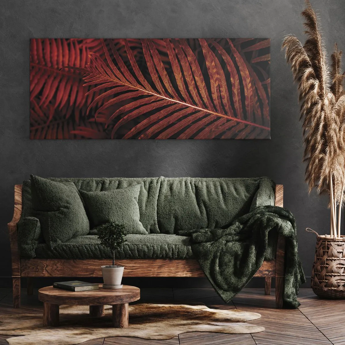 Bild auf Leinwand - Leinwandbild - Nahaufnahme von roten tropischen Blättern - 140x50cm - Die Hitze des Lebens - Moderne Wanddekoration für Wohnzimmer und Schlafzimmer ARTTOR
