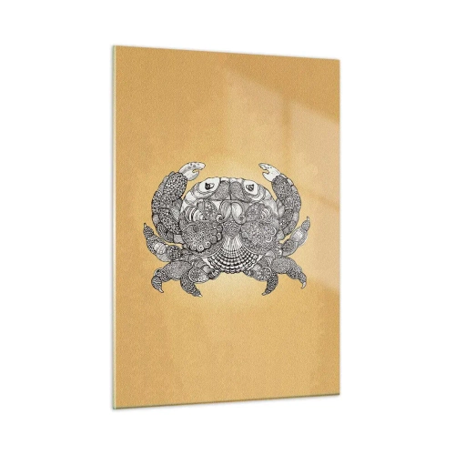 Glasbild - Bild auf glas - Stilisierte Zeichnung einer Krabbe mit Ornamenten auf gelbem Hintergrund - 50x70cm - Geschichten von Mr. Krabs - Moderne Wanddekoration für Wohnzimmer und Schlafzimmer ARTTOR