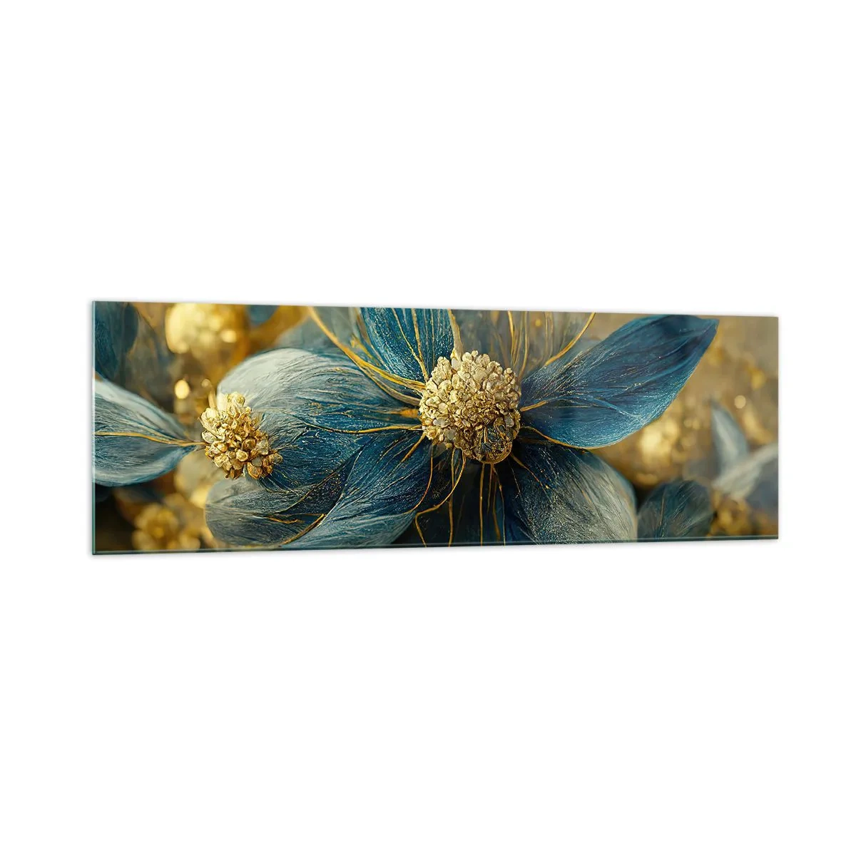 Glasbild - Bild auf glas - Elegante Blumen in Blau- und Goldtönen - 160x50cm - Mit Gold blühen - Moderne Wanddekoration für Wohnzimmer und Schlafzimmer ARTTOR