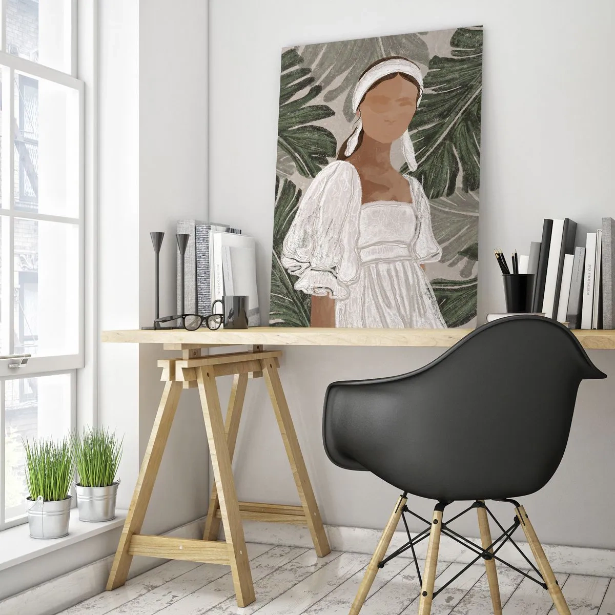 Glasbild - Bild auf glas - Porträt einer Frau in einem weißen Kleid vor einem Hintergrund aus Monstera-Blättern - 70x100cm - Exotisches Porträt - Moderne Wanddekoration für Wohnzimmer und Schlafzimmer ARTTOR