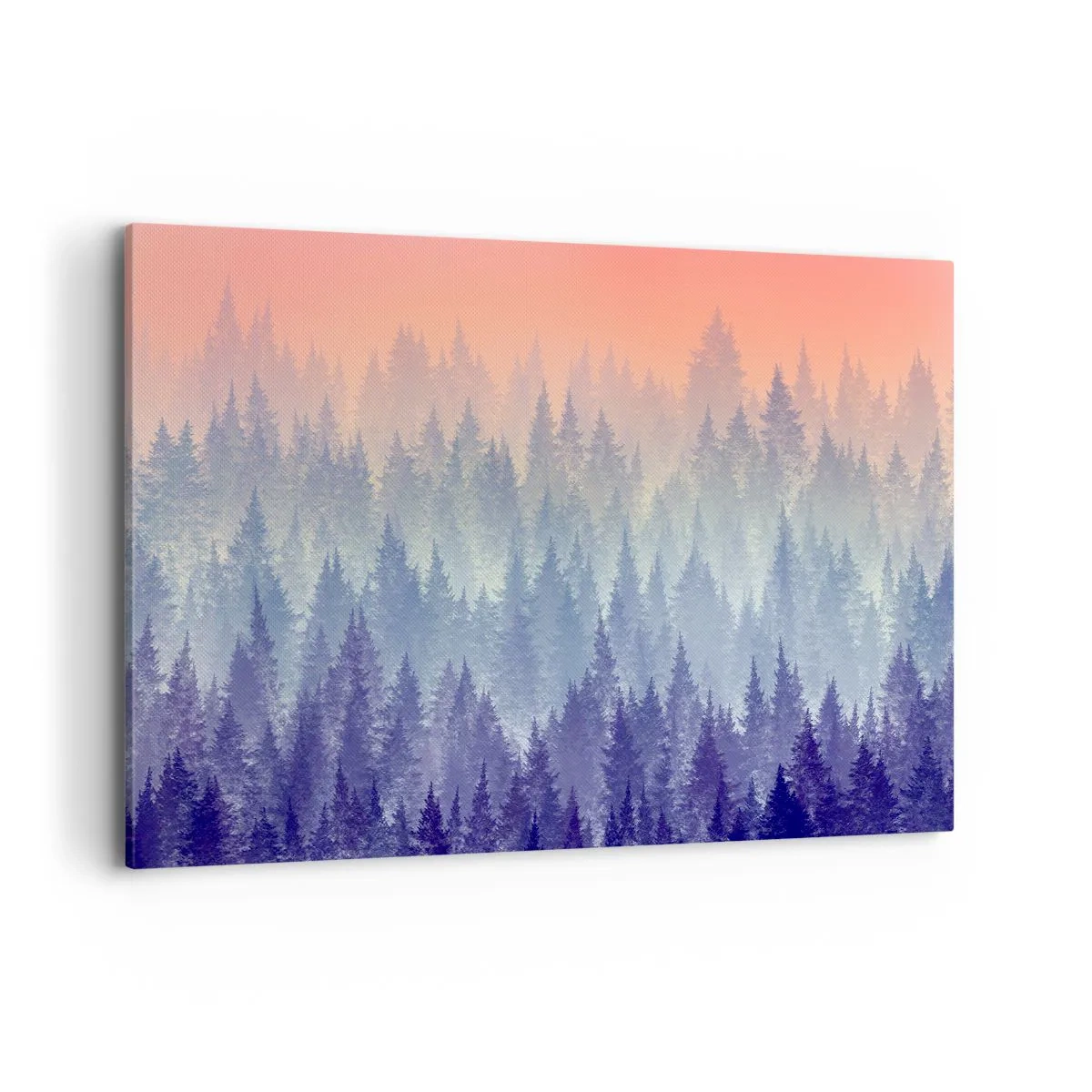 Bild auf Leinwand - Leinwandbild - Ein nebliger Wald in Lila- und Orangetönen - 120x80cm - Hoch, höher, zum Himmel - Moderne Wanddekoration für Wohnzimmer und Schlafzimmer ARTTOR