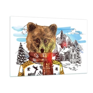 Glasbild - Bild auf glas - Ein Bär in Pullover und Schal mit Bergen und einem Haus im Hintergrund. - 120x80cm - Die Bärenhütte - Moderne Wanddekoration für Wohnzimmer und Schlafzimmer ARTTOR