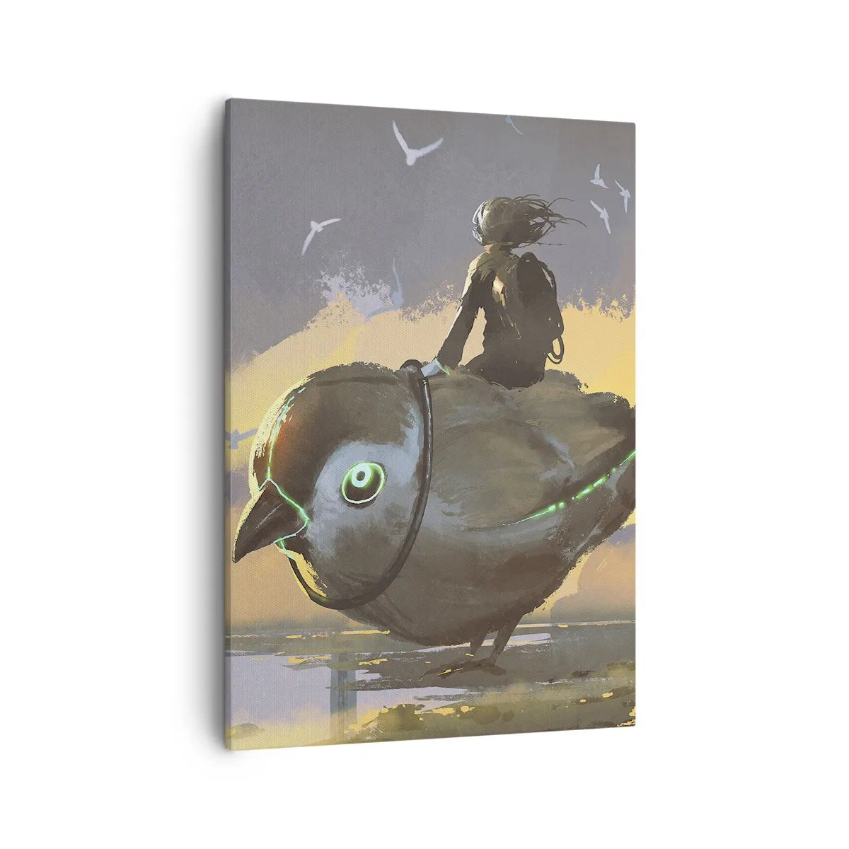 Bild auf Leinwand - Leinwandbild - Reiter auf einem riesigen Vogel in einer surrealen Landschaft - 50x70cm - Ein Stopp auf einer fantastischen Reise - Moderne Wanddekoration für Wohnzimmer und Schlafzimmer ARTTOR