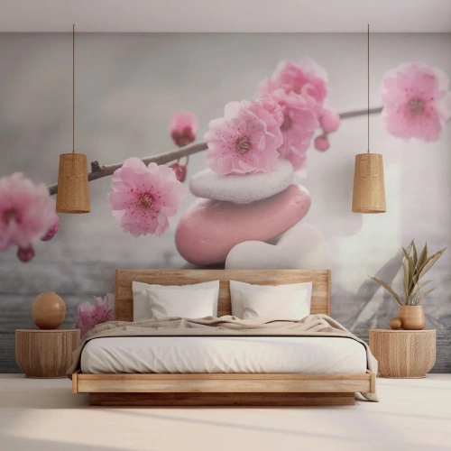 Fototapete Standard Eco - Glückseligkeit mit einer Kirschblüte - Herz, Blume, Steine - 350x256 cm