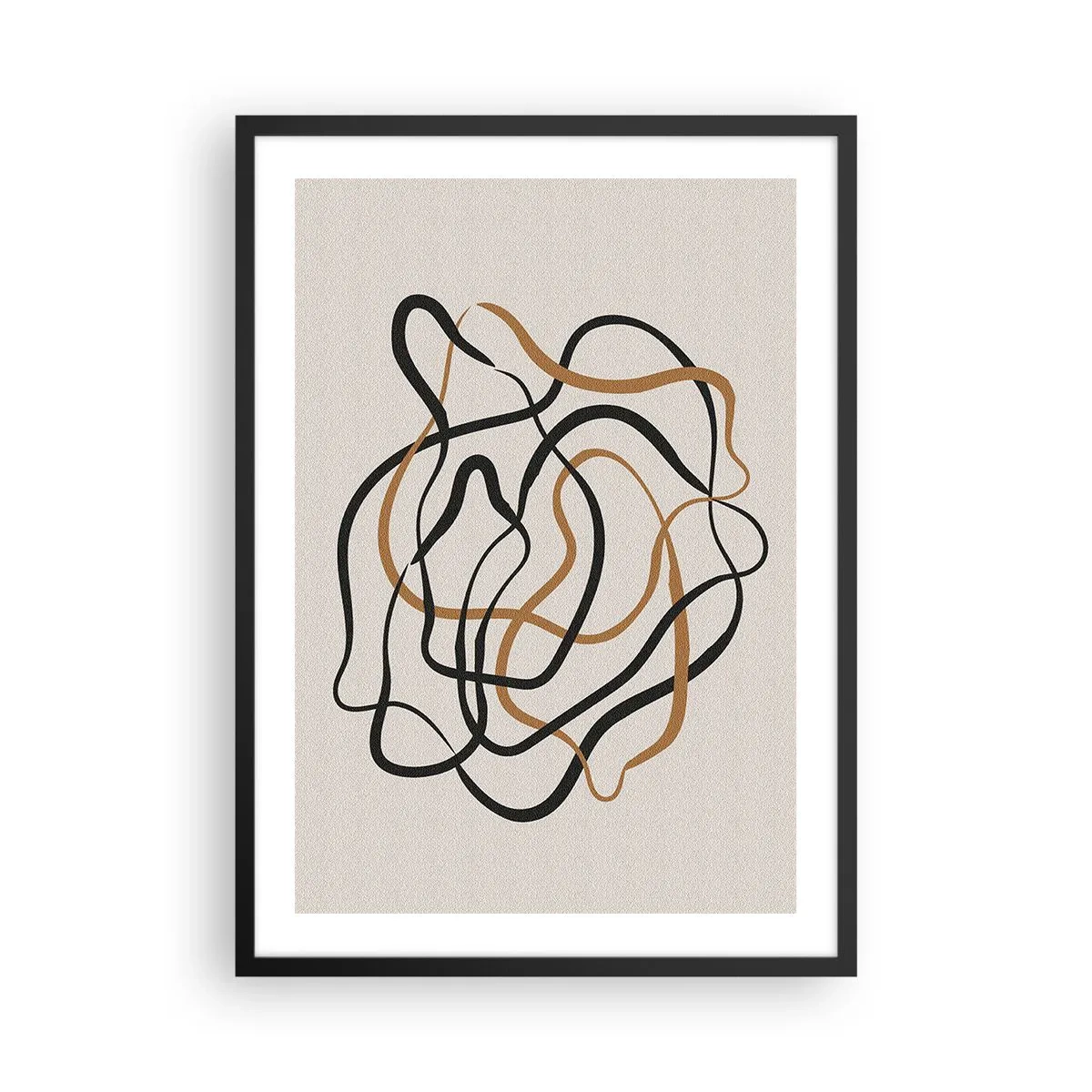 Poster in einem schwarzem Rahmen - Abstrakte verschlungene Linien in Schwarz und Gold auf Beige - 50x70cm - Alles ging schief - Moderne Wanddekoration für Wohnzimmer und Schlafzimmer ARTTOR