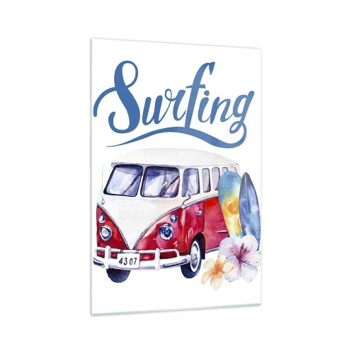 Glasbild - Bild auf glas - Bunte Grafiken mit einem Bus und einem Surfthema - 70x100cm - Gurke - ein Klassiker für einen Surfer - Moderne Wanddekoration für Wohnzimmer und Schlafzimmer ARTTOR