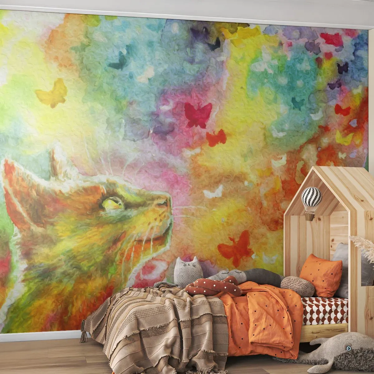Fototapete Premium Canvas - Baju-baju im Katzenparadies - Tiere, Katze, Schmetterling - 250x175 cm
