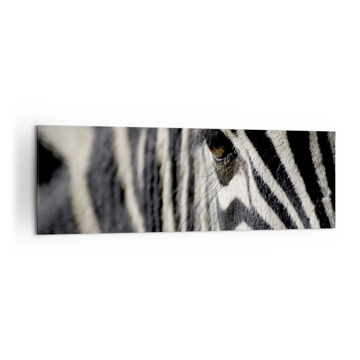 Bild auf Leinwand - Leinwandbild - Nahaufnahme eines Zebraauges mit schwarzen und weißen Streifen - 160x50cm - Gestreiftes Porträt - Moderne Wanddekoration für Wohnzimmer und Schlafzimmer ARTTOR