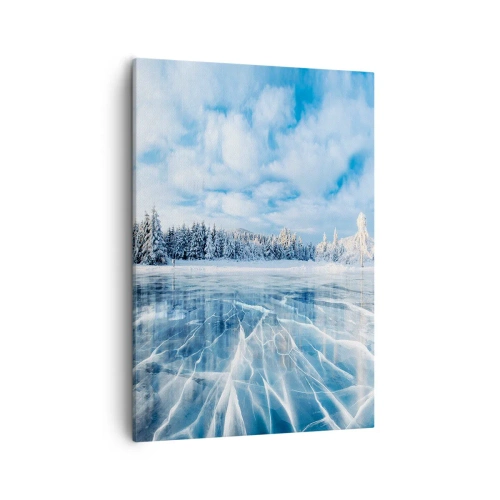 Bild auf Leinwand - Leinwandbild - Ein zugefrorener See, umgeben von einem schneebedeckten Wald - 50x70cm - Eine schillernde und kristallklare Aussicht - Moderne Wanddekoration für Wohnzimmer und Schlafzimmer ARTTOR