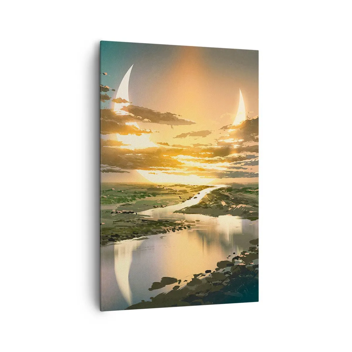 Bild auf Leinwand - Leinwandbild - Eine fantastische Landschaft mit zwei Monden am Horizont - 80x120cm - Irgendwo in einer weit, weit entfernten Galaxie - Moderne Wanddekoration für Wohnzimmer und Schlafzimmer ARTTOR