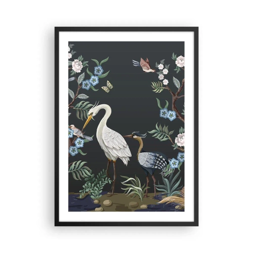 Poster in einem schwarzem Rahmen - Illustration von Vögeln zwischen Blumen auf dunklem Hintergrund - 50x70cm - Vogelparade - Moderne Wanddekoration für Wohnzimmer und Schlafzimmer ARTTOR