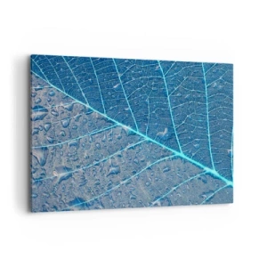 Bild auf Leinwand - Leinwandbild - Ein Blatt in Blautönen mit Wassertropfen - 100x70cm - Leben in Blau - Moderne Wanddekoration für Wohnzimmer und Schlafzimmer ARTTOR