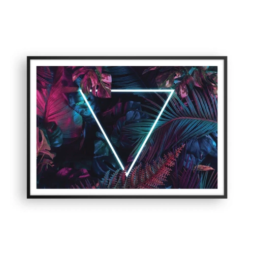 Poster in einem schwarzem Rahmen - Ein Neondreieck, umgeben von tropischen Blättern in dunklen Farben. - 100x70cm - Garten im Disco-Stil - Moderne Wanddekoration für Wohnzimmer und Schlafzimmer ARTTOR